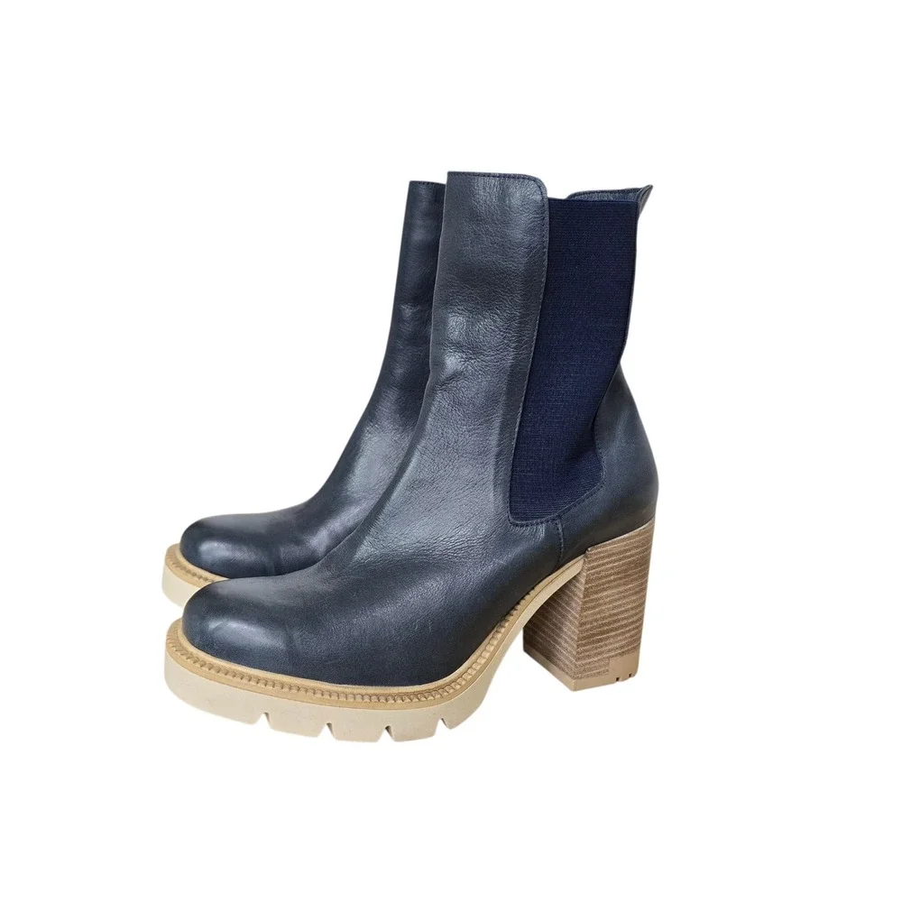 Bueno Navy Blue Leather Platform Chelsea Boots Block Heel Size 41 Made in Turkey